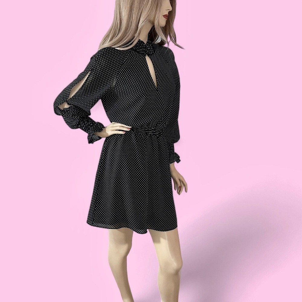 Black Swiss Dot Ruffle Mini Dress Small Sheer Sleeve Coquette Date Night - Picture 4 of 10